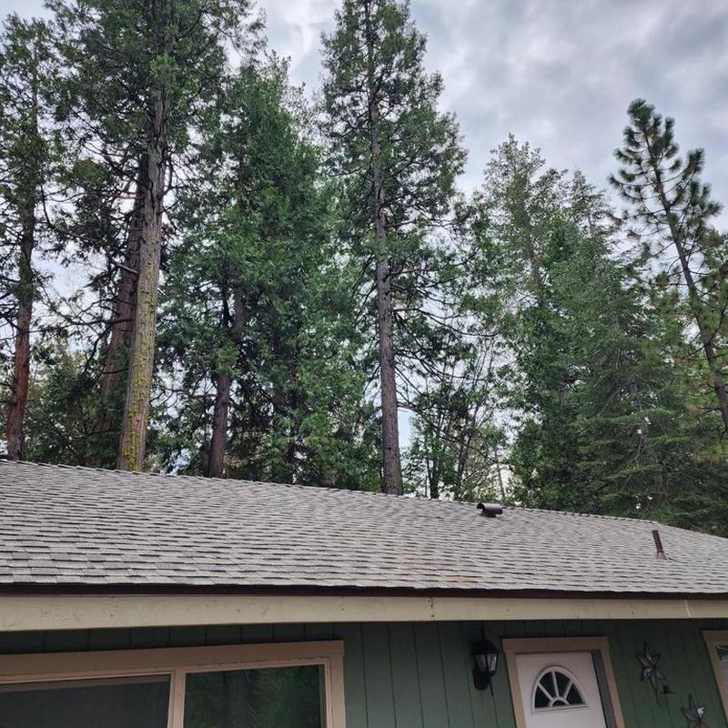 Asphalt shingle roof with new steel seamless gutters