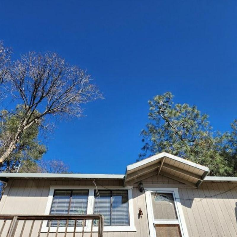 GAF asphalt shingle roof on cabin under clear sky