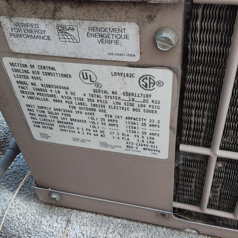 York HIDB air conditioner label and condenser coil