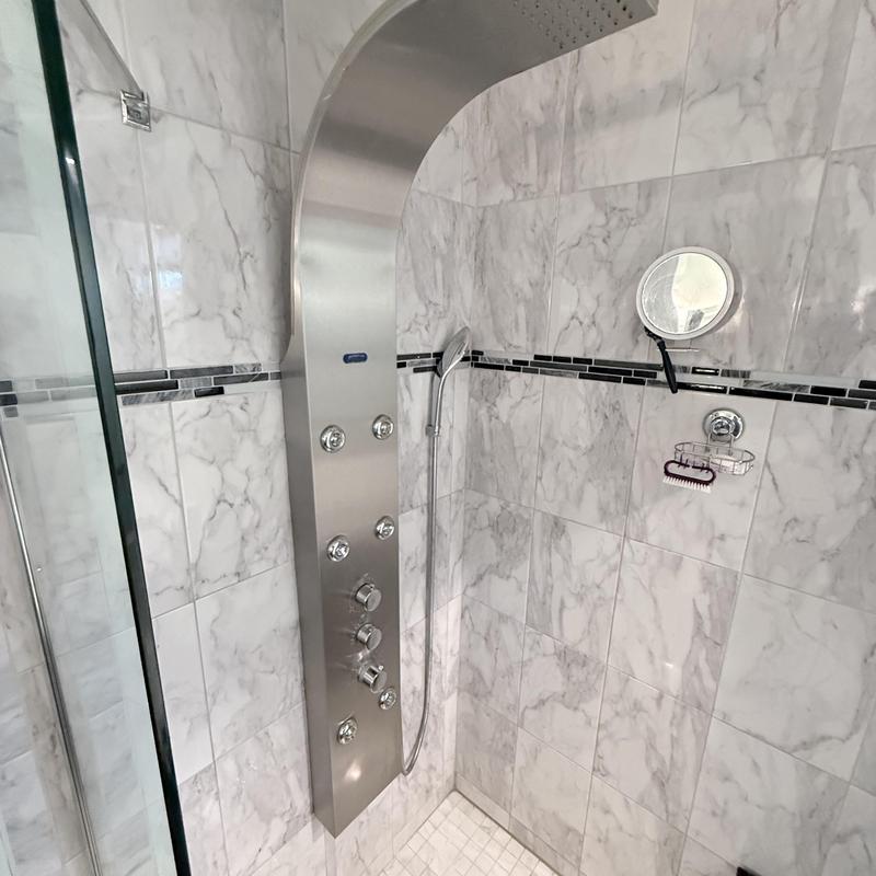 Wall mount shower panel with hand shower and controls Wall mount shower panel with hand shower and controls