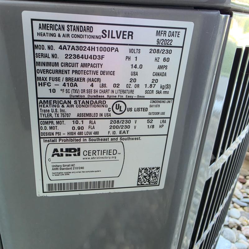 American Standard Silver AC unit model label