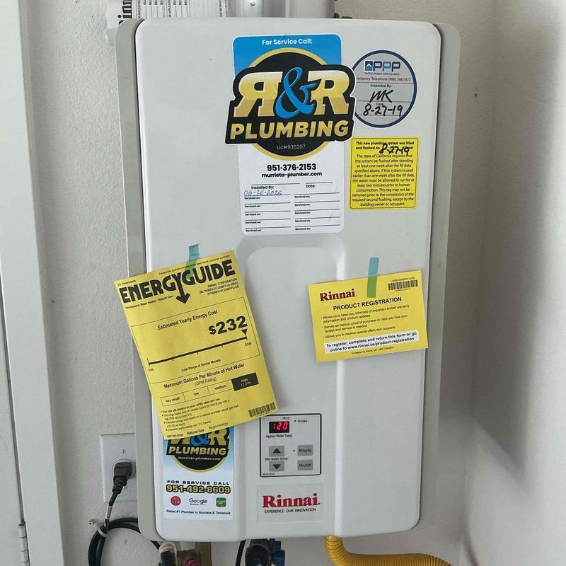 Tankless water heater with energy guide labels