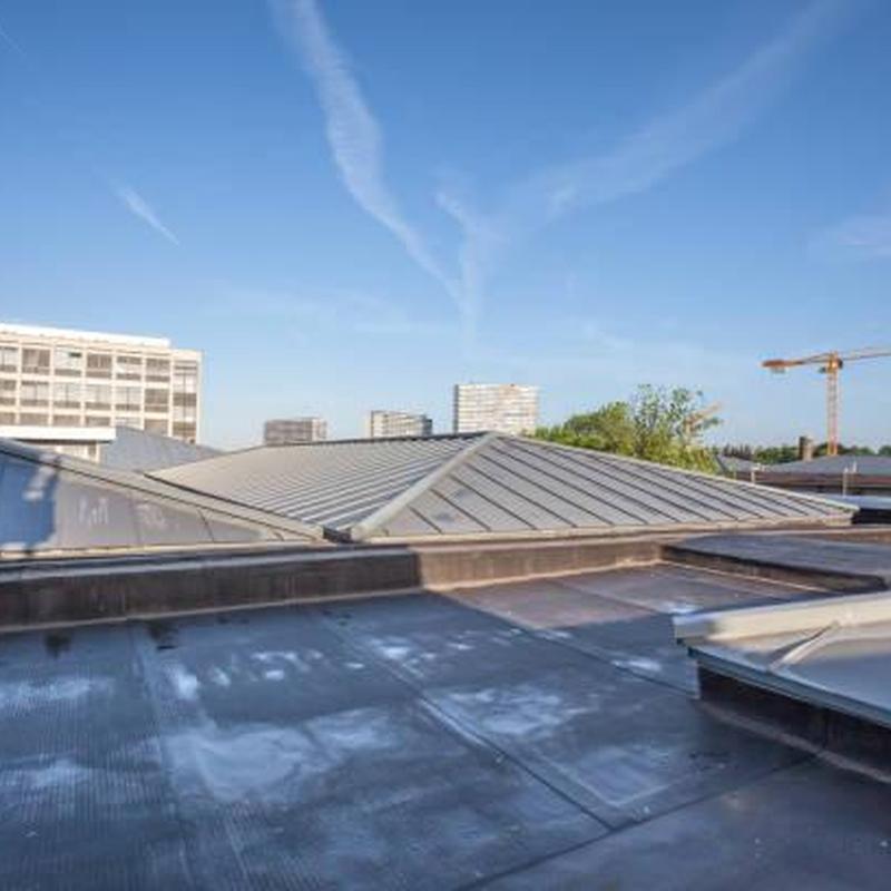Flat rubber roofing membrane with metal roof panels Flat rubber roofing membrane with metal roof panels