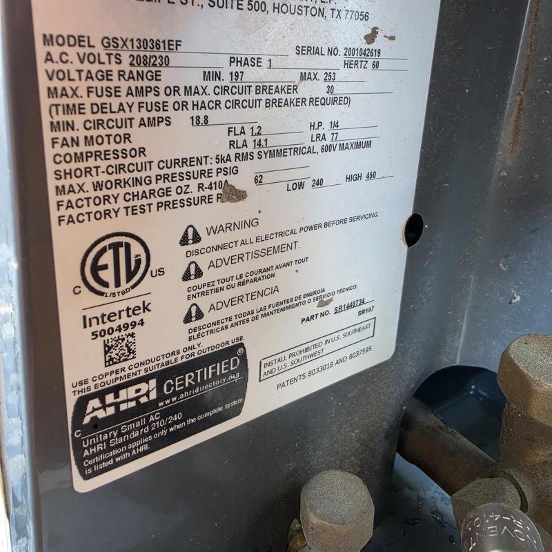 Goodman GSX13 air conditioner nameplate label close-up