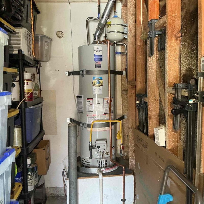 40-gal water heater with supply lines and T&P valve installed