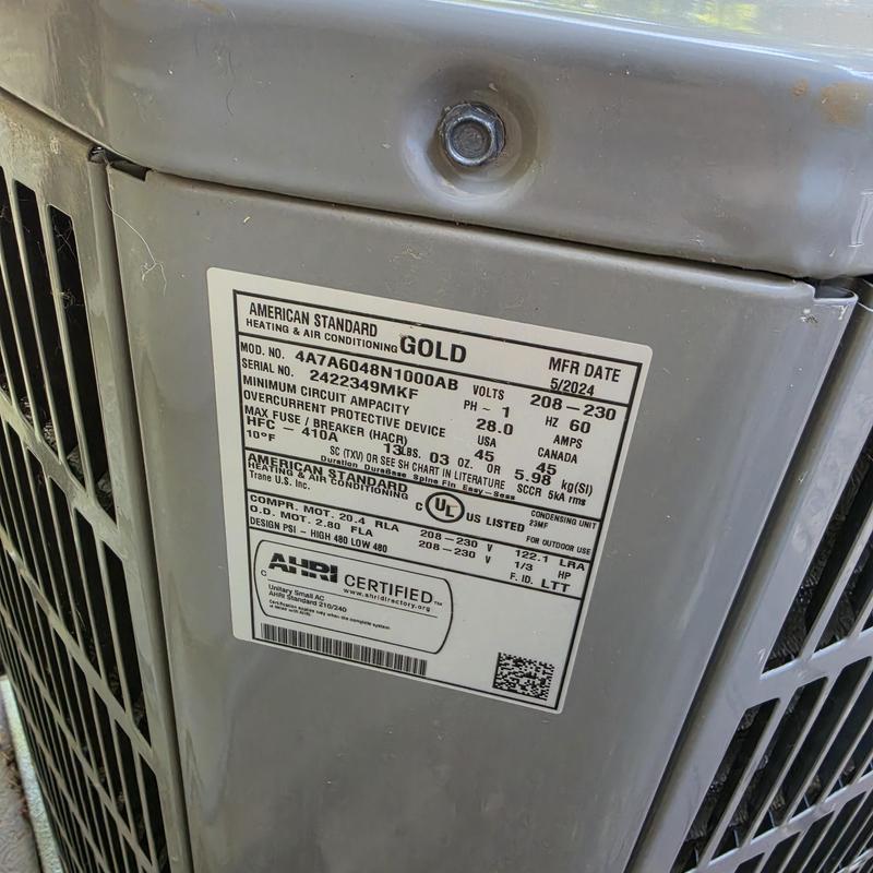 American Standard AC unit label and model details