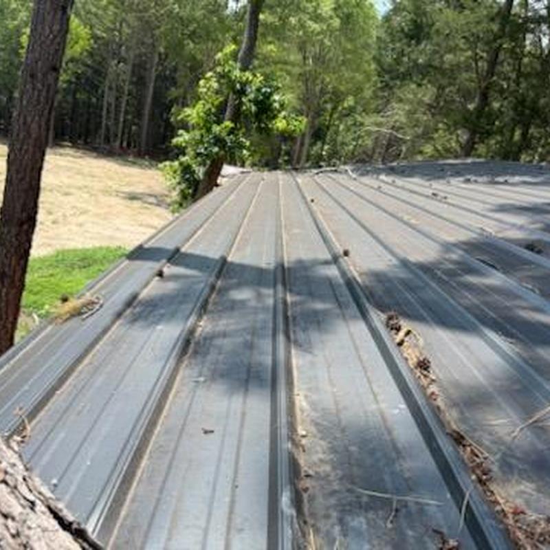 Metal roof panels damaged by fallen tree impact Metal roof panels damaged by fallen tree impact