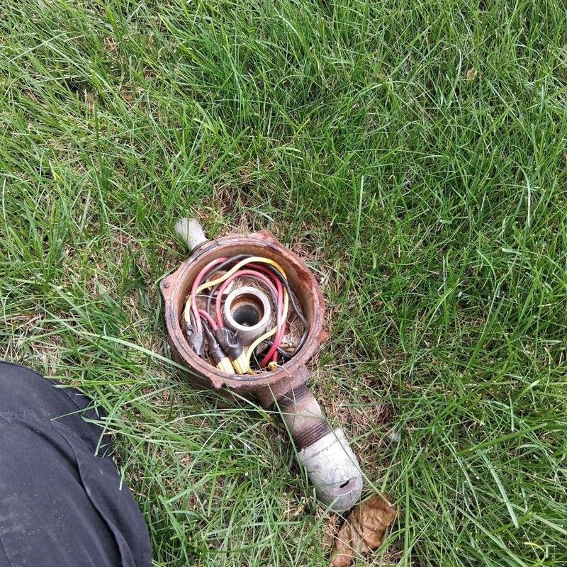 Well head wiring with exposed electrical wires in grass
