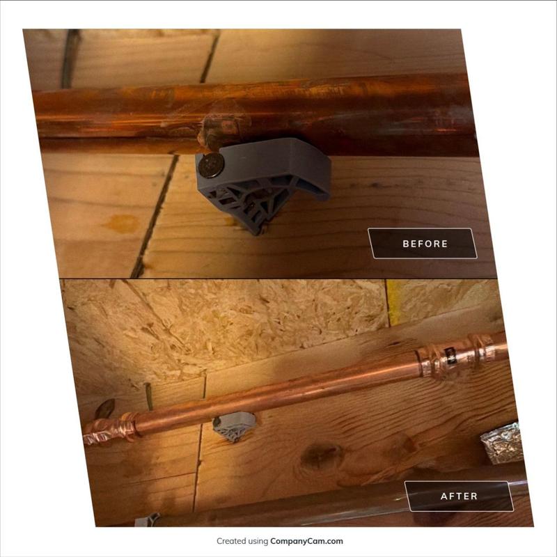 Copper hot water line with clamp before and after repair Copper hot water line with clamp before and after repair
