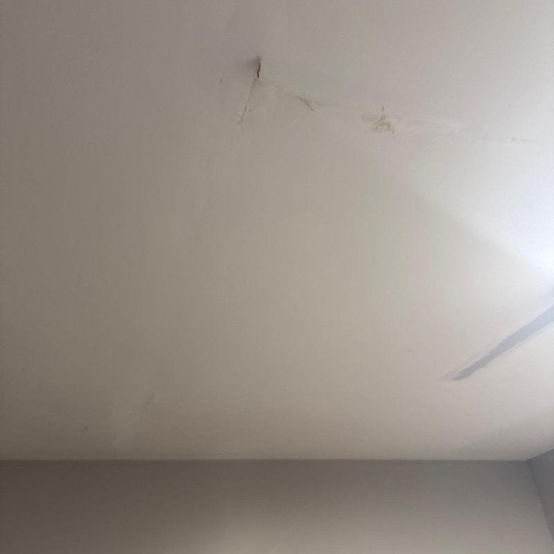 Ceiling water damage with visible stains and cracks