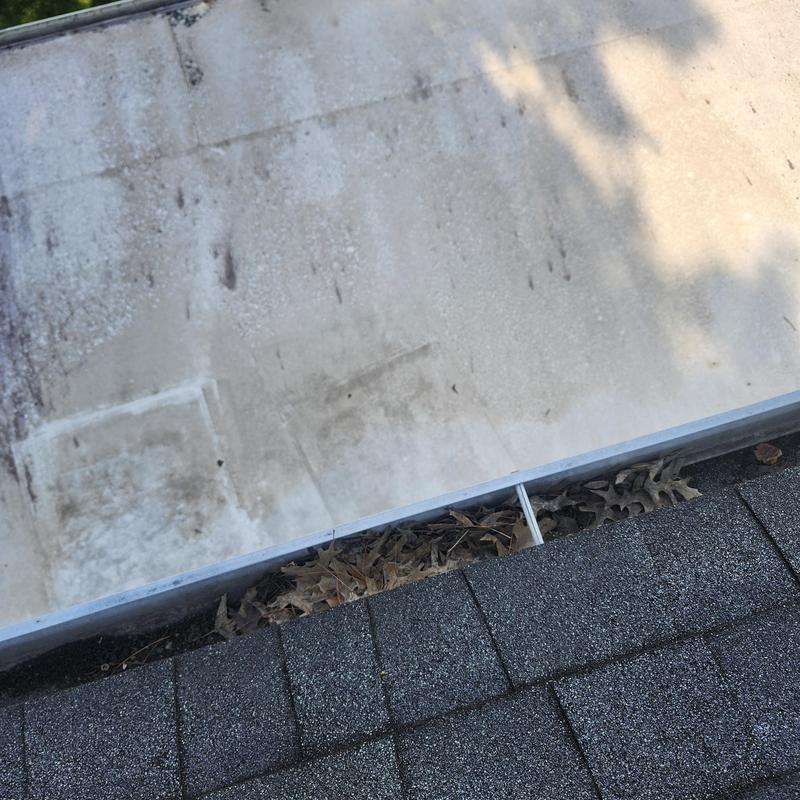 Gutter filled with dry leaves and debris on shingled roof Gutter filled with dry leaves and debris on shingled roof