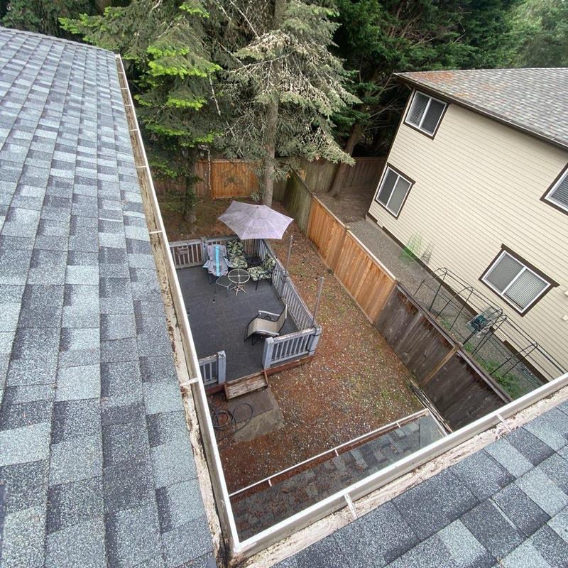 Roof gutters with debris cleared and leaf blowing done