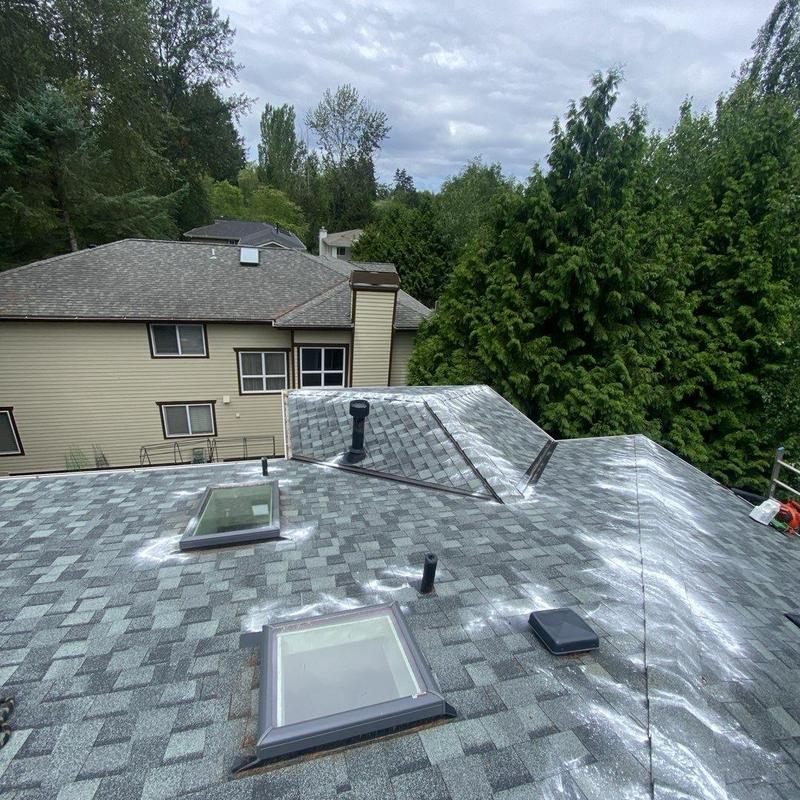 Asphalt shingle roof with skylights and vents cleaning