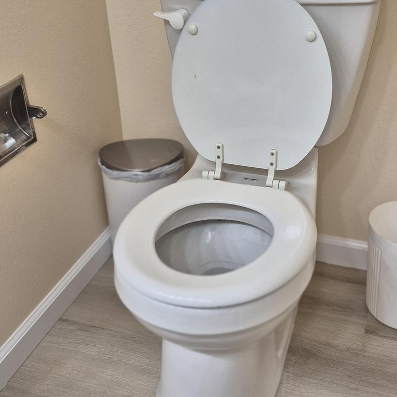 Toilet with open lid and trash cans nearby