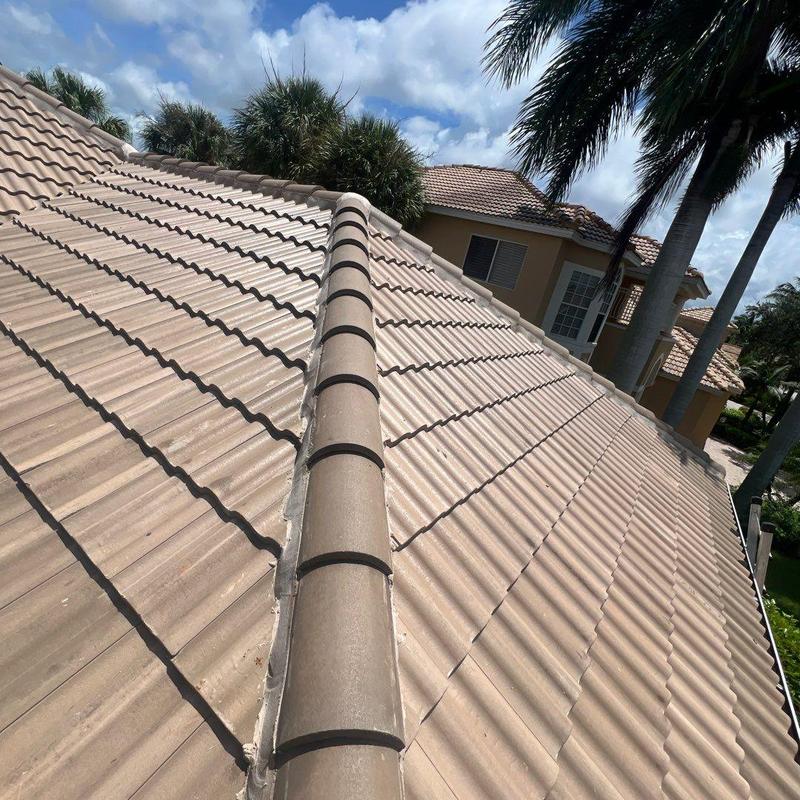 Concrete tile roof with ridge cap and sealant maintenance Concrete tile roof with ridge cap and sealant maintenance
