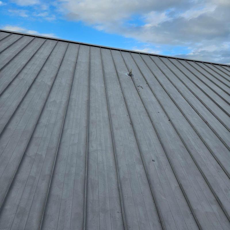 Metal roof panel with repaired sealant patch Metal roof panel with repaired sealant patch