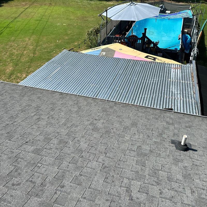 Asphalt shingle and metal roofs with pool patio cover