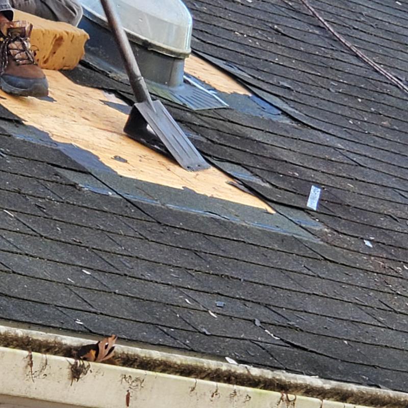 Roof plywood replacement with dark shingles