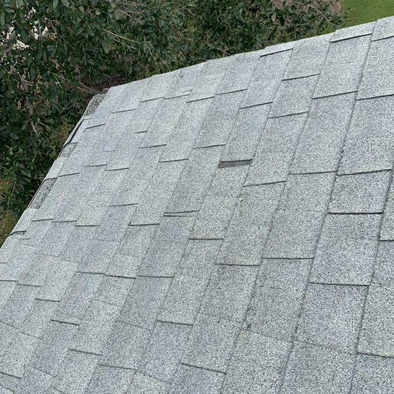 Gray asphalt shingles on steep residential roof section