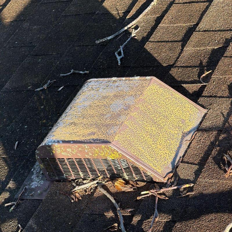 Roof vent with hail damage and debris on shingles