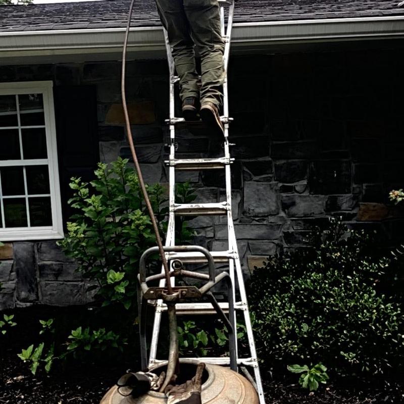 Cable customer line installation through roof with ladder