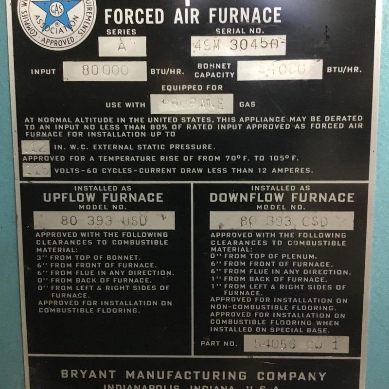 Forced air propane furnace data plate, model 80 393 Forced air propane furnace data plate, model 80 393