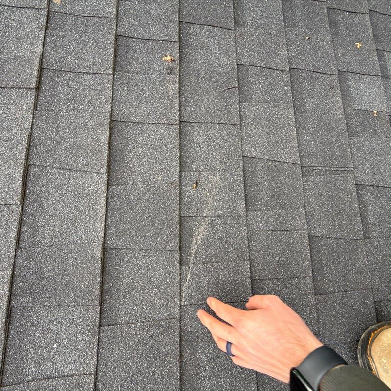 Asphalt shingles with hail damage visible on roof surface