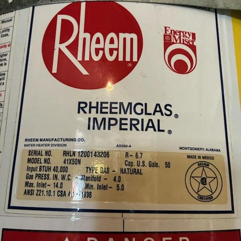 50-gallon Rheem gas water heater label close-up