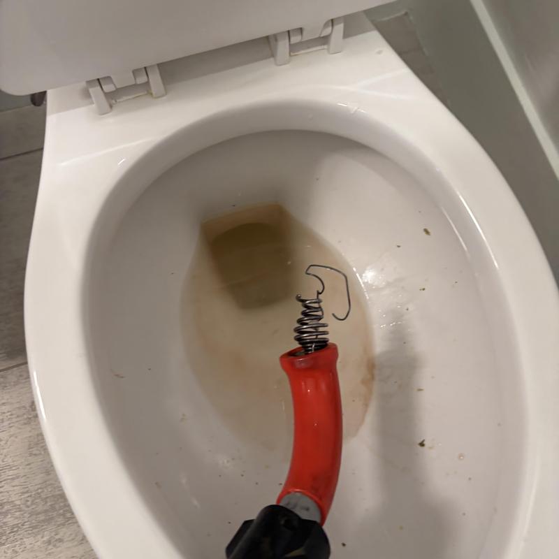 Toilet bowl with plumbing snake removing wire obstruction Toilet bowl with plumbing snake removing wire obstruction