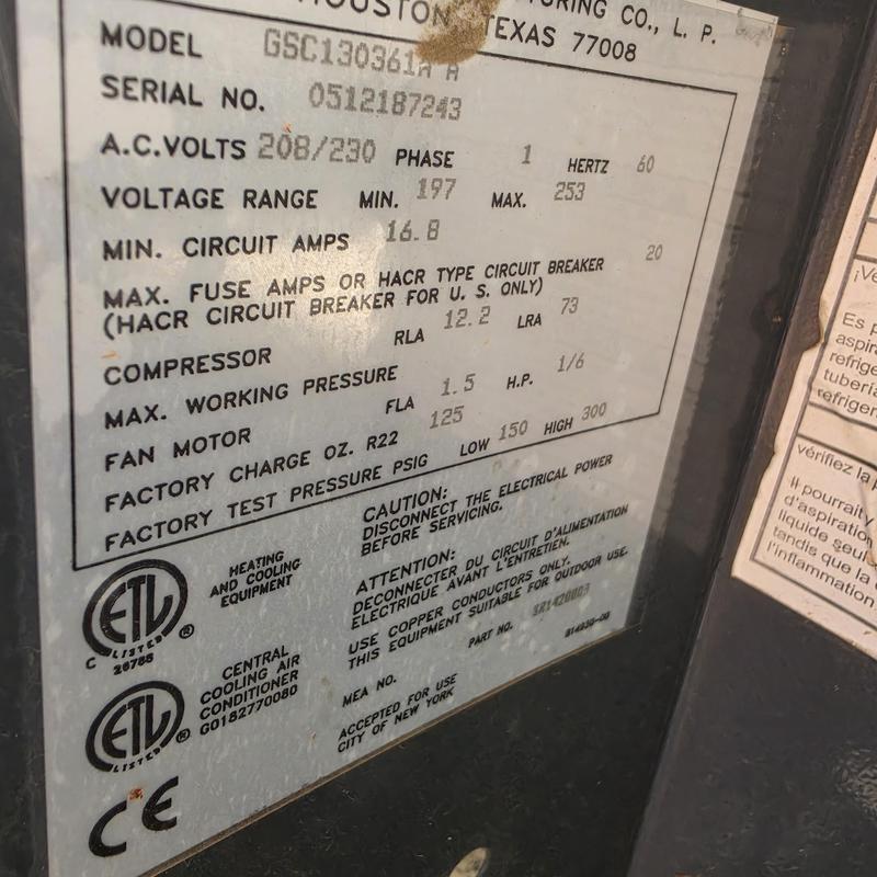 Goodman GSC13 air conditioner nameplate details