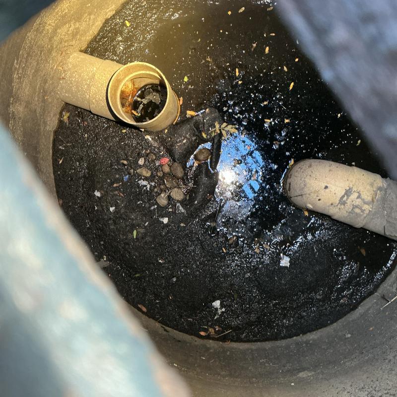 Sewer cleanout with standing water and debris inside Sewer cleanout with standing water and debris inside