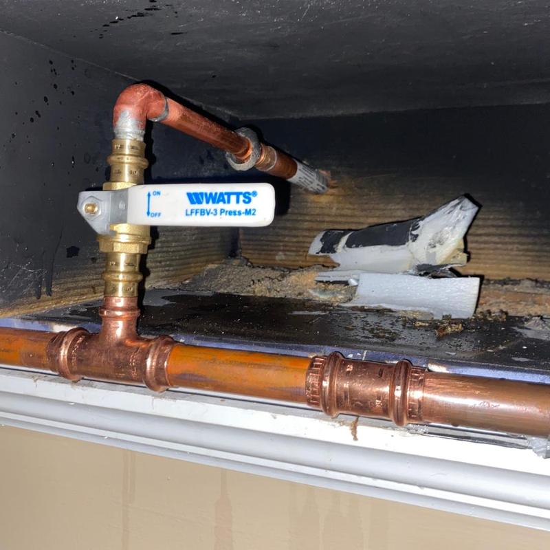 Copper shut off valve installation on water pipe Copper shut off valve installation on water pipe