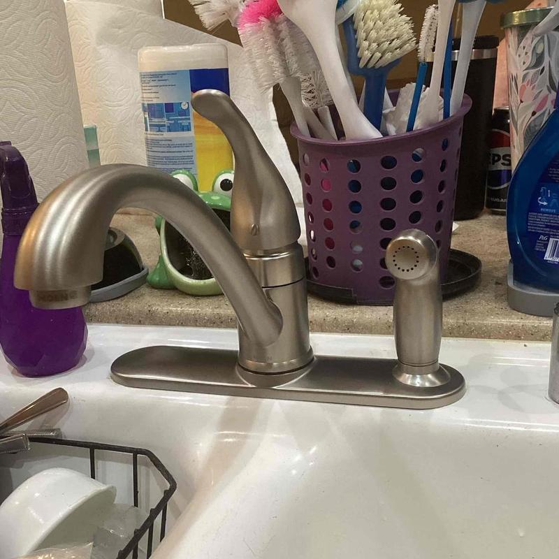 Kitchen faucet with side sprayer installed on sink