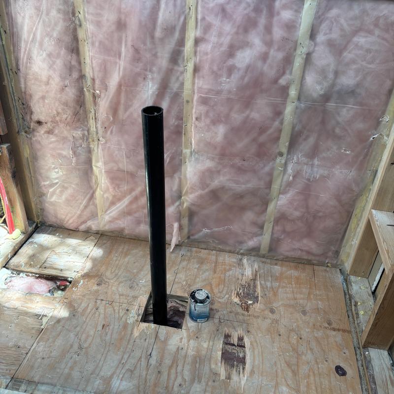 Shower drain pipe repositioned in bathroom floor framing Shower drain pipe repositioned in bathroom floor framing