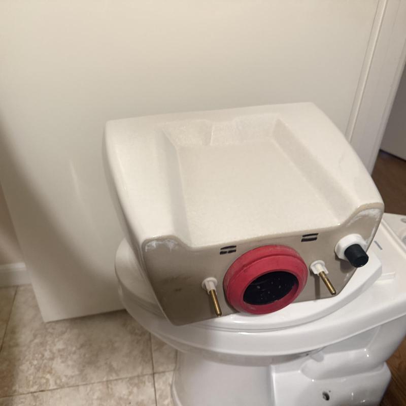 Toilet tank with red tank-to-bowl gasket removed