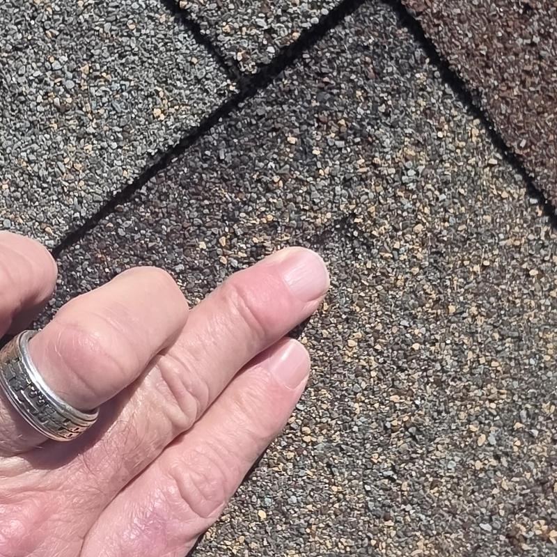 Asphalt shingle close-up showing hail damage dents