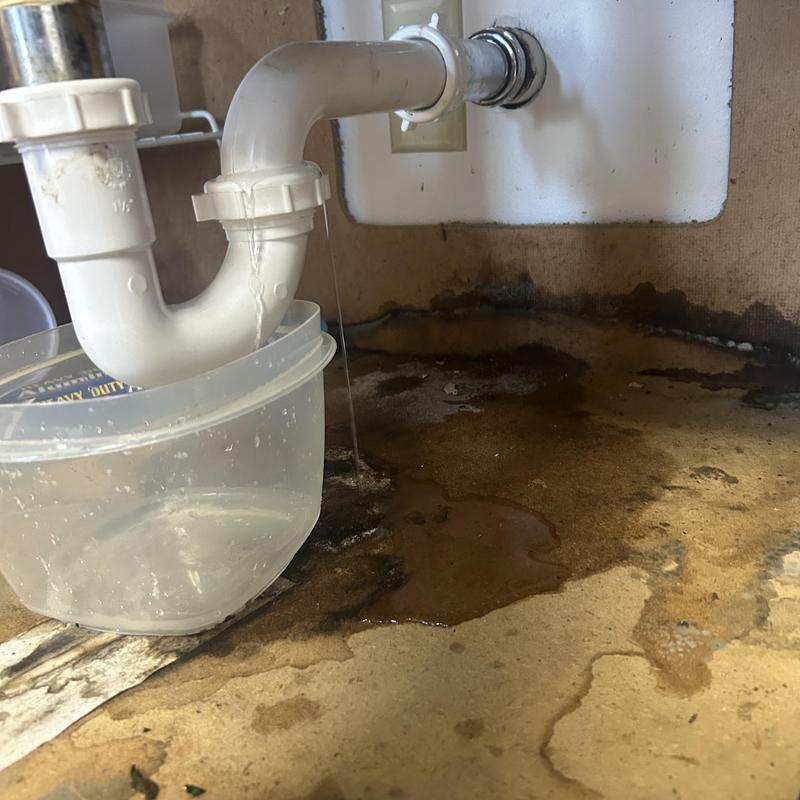 Kitchen sink drain pipes leaking with water pooling below Kitchen sink drain pipes leaking with water pooling below