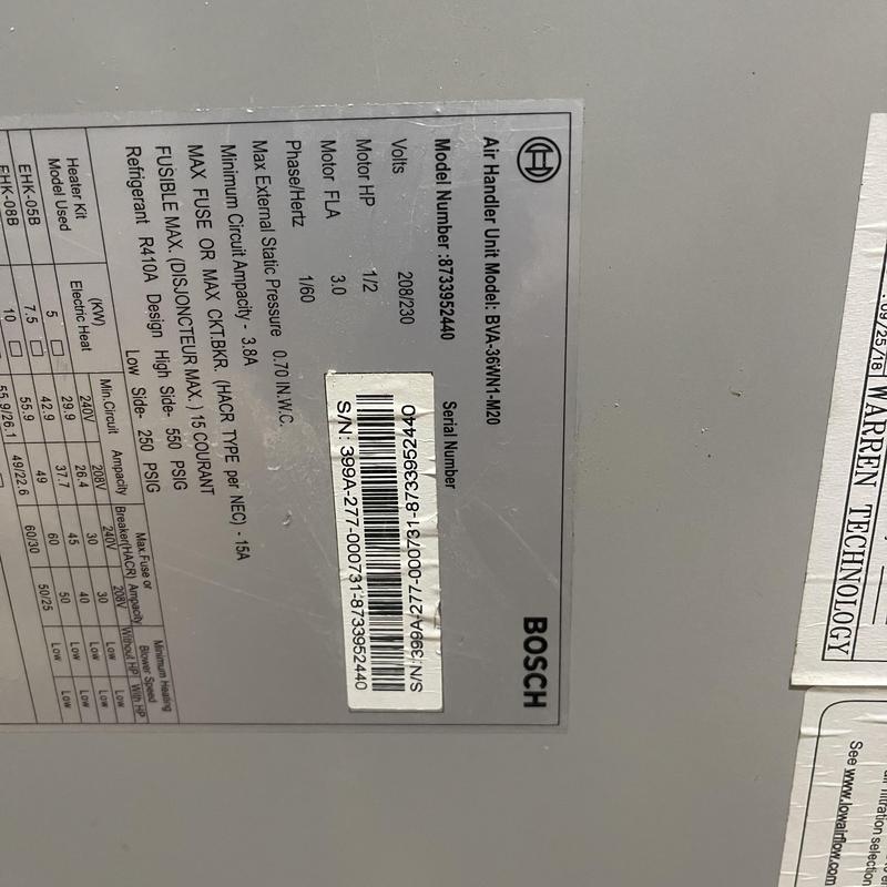 Air handler unit label with model and specifications