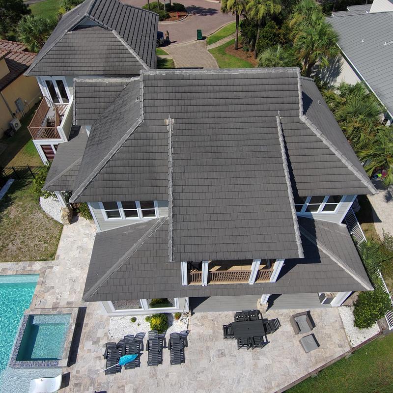 Worthouse Modular Metal Tile roof installation aerial view Worthouse Modular Metal Tile roof installation aerial view