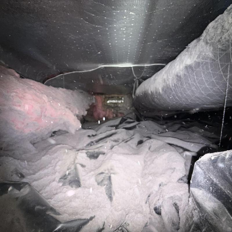 Dryer vent lint buildup inside crawlspace near ductwork Dryer vent lint buildup inside crawlspace near ductwork