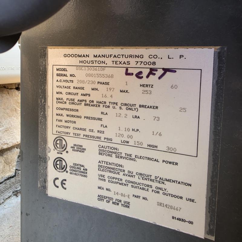 Goodman condenser unit specifications label close-up