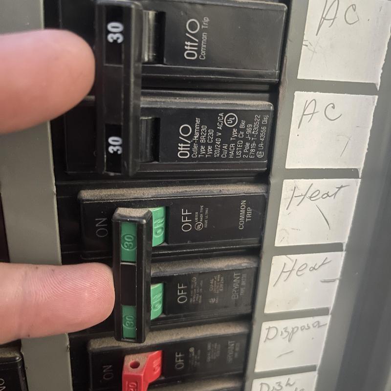 HVAC circuit breakers panel with labeled switches