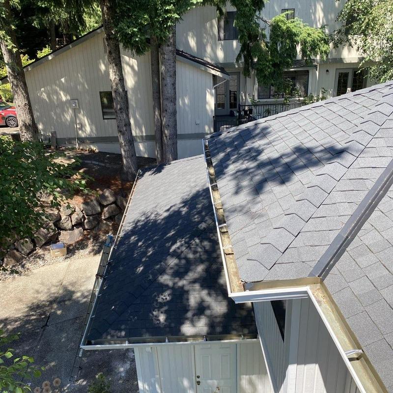 Roof shingles and gutters with moss treatment in Bellevue, WA