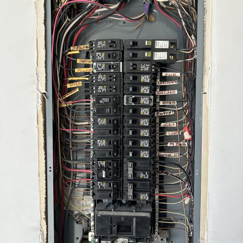 Electrical breaker panel with circuit wiring in Boise garage Electrical breaker panel with circuit wiring in Boise garage