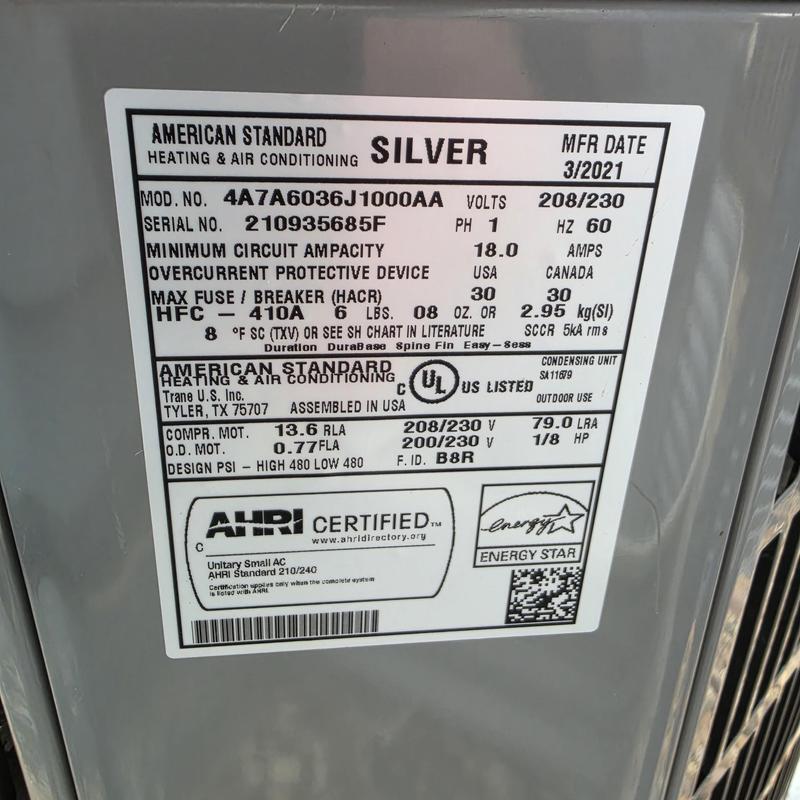 American Standard AC model 4A7A6036J1000AA label