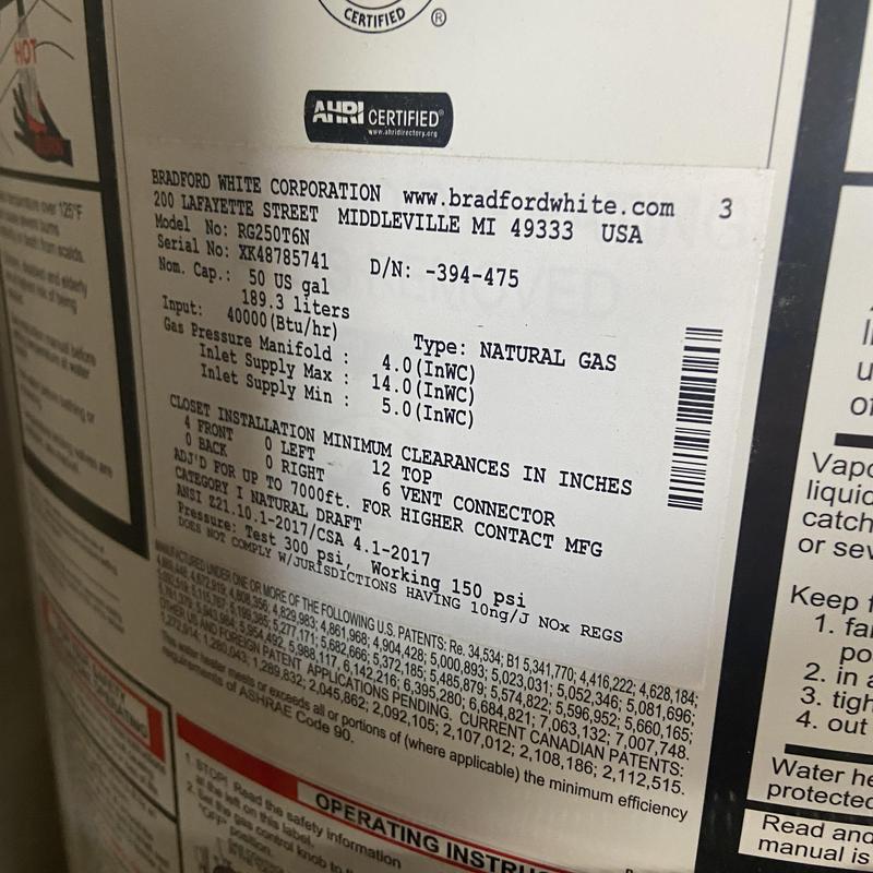 Natural gas water heater gas control valve label Natural gas water heater gas control valve label