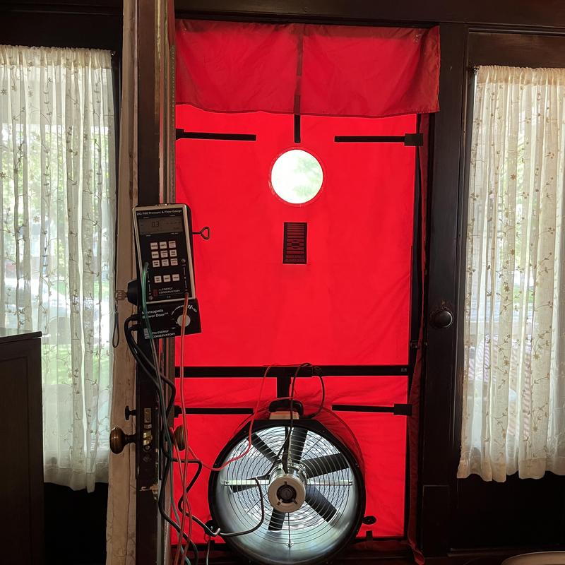 Door blower fan and pressure gauge for energy audit