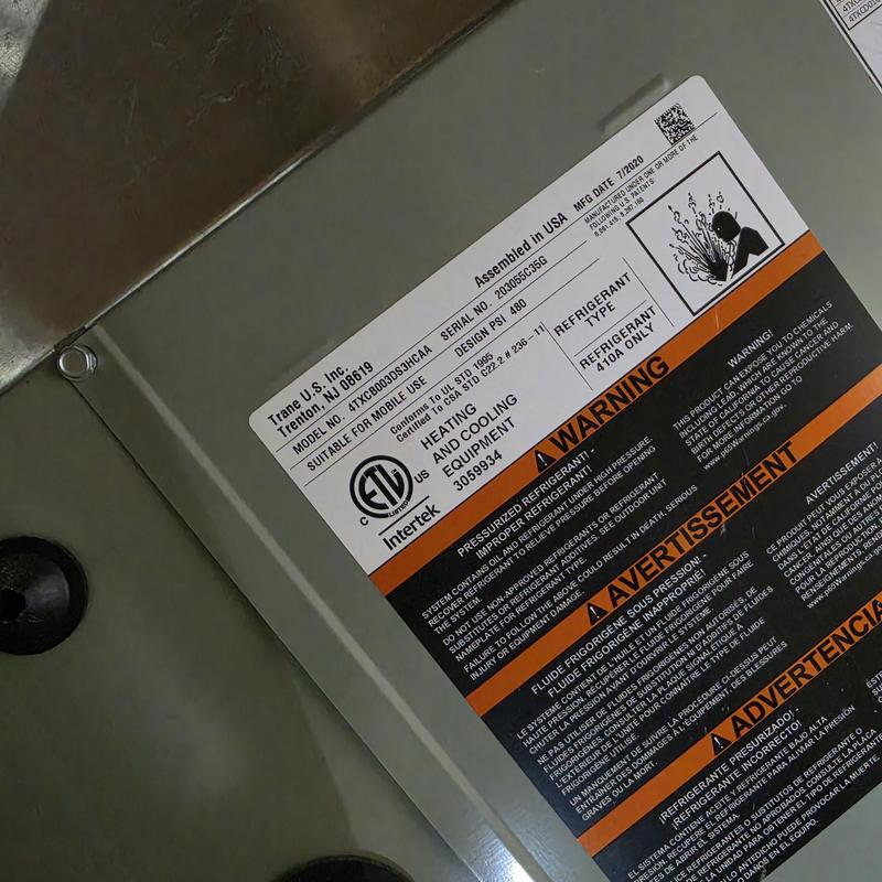 Trane heating and cooling equipment warning label