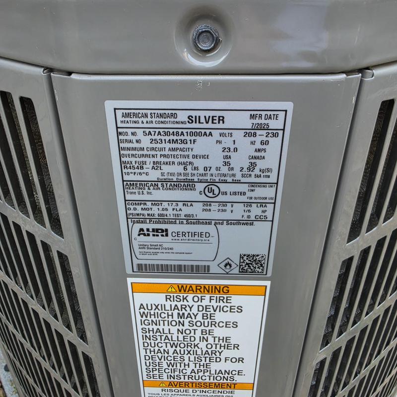 American Standard AC unit model label close-up