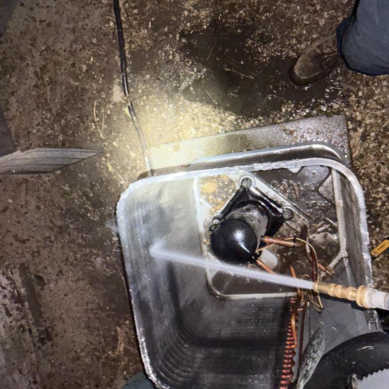Outdoor condenser coil cleaning with high-pressure water spray Outdoor condenser coil cleaning with high-pressure water spray